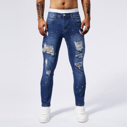 Cotton Denim Ripped Men Casual Pants pencil pant frayed Solid blue PC