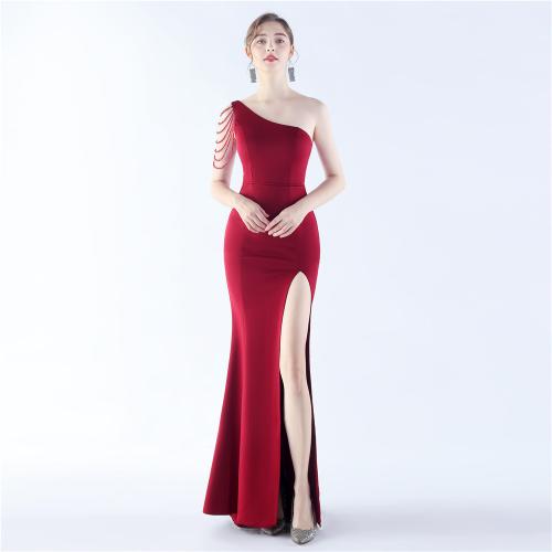 Polyester Slim Long Evening Dress side slit & One Shoulder Solid PC