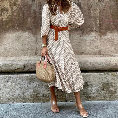 Spandex One-piece Dress large hem design printed leaf pattern khaki PC