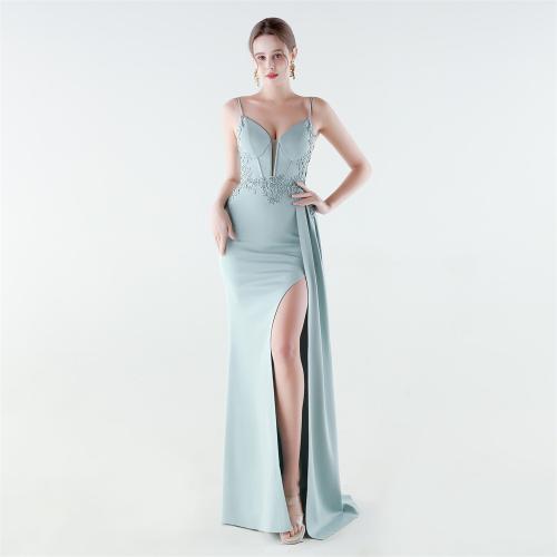 Satin Long Evening Dress deep V & side slit & backless & padded iron-on PC