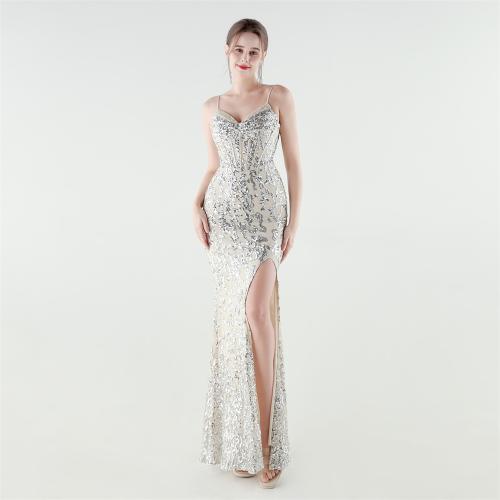 Polyester Long Evening Dress side slit & backless & padded Sequin PC