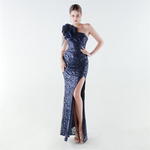 Polyester Long Evening Dress side slit & padded & One Shoulder Sequin PC
