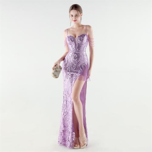 Spandex & Polyester Long Evening Dress side slit & padded Sequin PC
