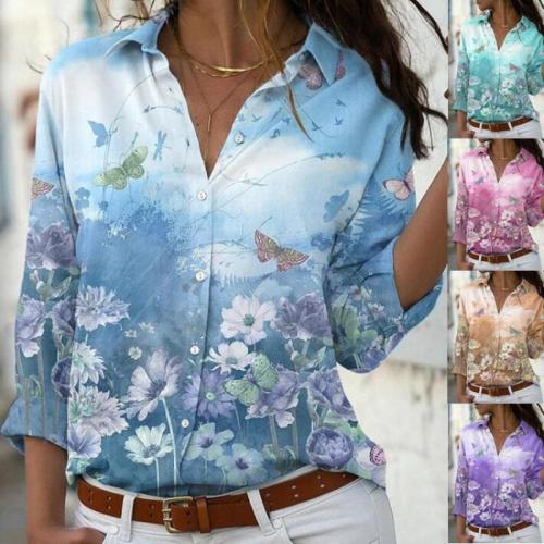 Polyester Slim & Plus Size Women Long Sleeve Shirt printed floral PC