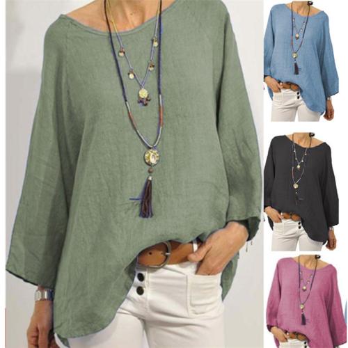 Linen Plus Size Women Long Sleeve Blouses & loose patchwork Others PC