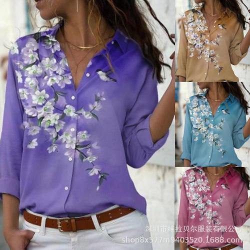 Polyester Slim & Plus Size Women Long Sleeve Shirt printed floral PC