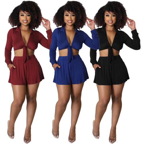 Polyester Soft Women Casual Set deep V & two piece Solid Set