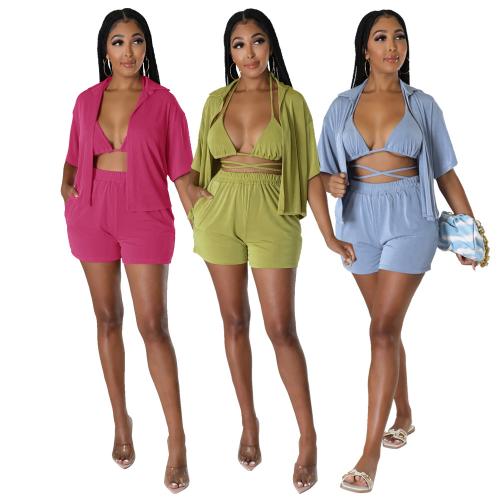 Polyester Soft Women Casual Set deep V & three piece Solid Set