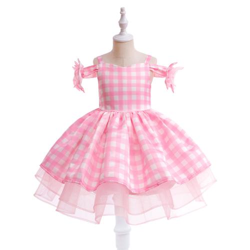 Poliéster Vestido de una sola pieza de la muchacha, impreso, tartán, rosado,  trozo