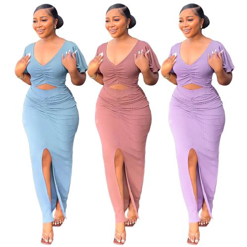 Polyester front slit Two-Piece Dress Set deep V & two piece Solid Set