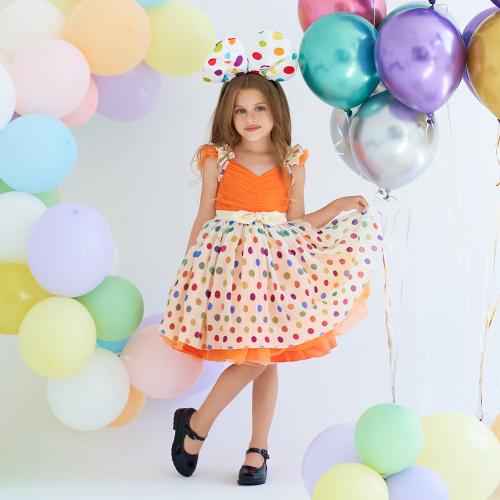 Polyester Children Halloween Cosplay Costume with bowknot & breathable printed orange PC