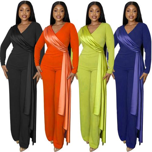 Polyester Slim & High Waist Long Jumpsuit deep V Solid PC