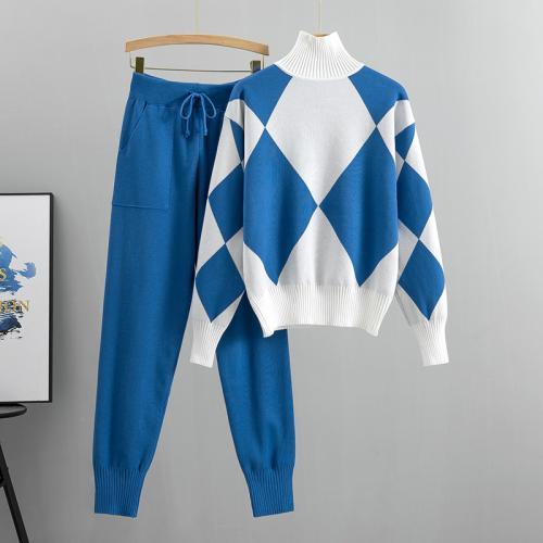 Viscose Fiber Women Casual Set slimming Long Trousers & sweater Argyle Set
