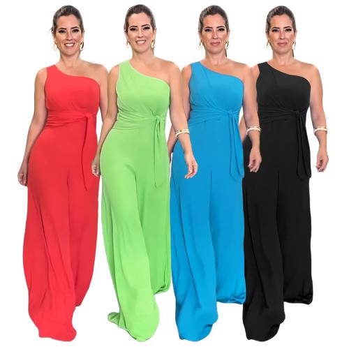 Polyester Wide Leg Trousers Long Jumpsuit & loose & One Shoulder Solid PC