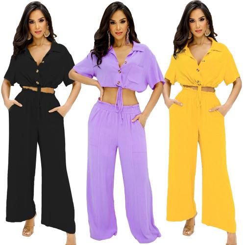 Polyester Wide Leg Trousers & Soft Women Casual Set deep V & two piece Solid Set
