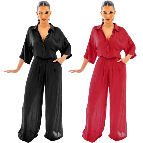 Polyester Soft Women Casual Set deep V & two piece & breathable Solid Set