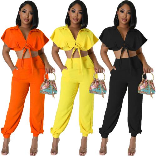 Polyester Women Casual Set midriff-baring & deep V & two piece Solid Set