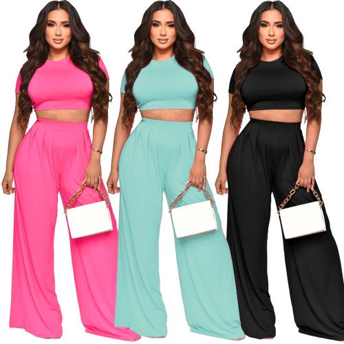 Polyester Wide Leg Trousers Women Casual Set & two piece & loose Solid Set