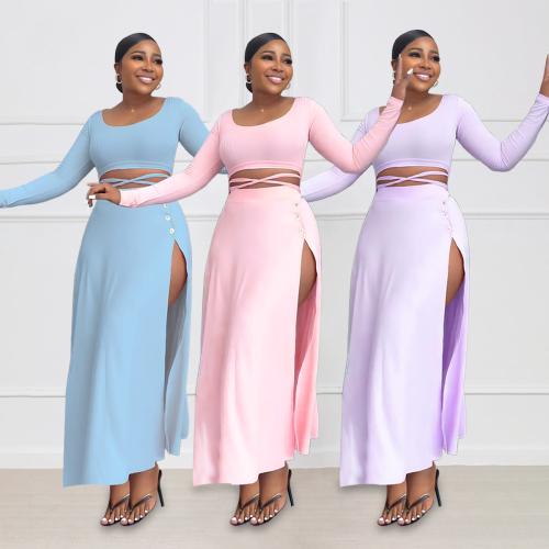 Polyester long style Two-Piece Dress Set side slit & two piece Solid Set