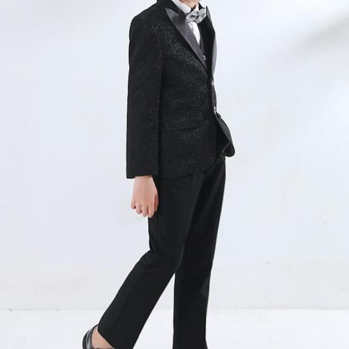 Polyester Junge Freizeit Anzug, Krawatte & Weste & Hosen & Nach oben & Mantel, Solide, Schwarz,  Festgelegt