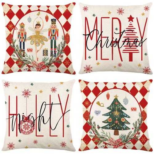 Linen & Polyester Throw Pillow Covers christmas design printed PC