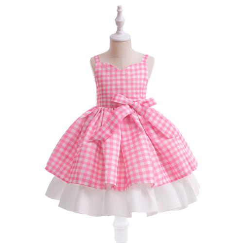 Polyester Robe d’une seule pièce de fille anneau de cheveux Imprimé Plaid Rose Ensemble
