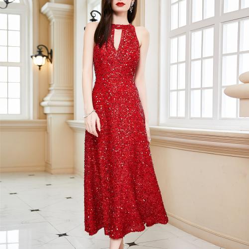 Polyester Robe longue de soirée Patchwork Solide Rouge pièce