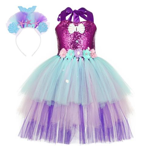 Polyester Ball Gown Children Mermaid Costume dress & hair band patchwork mixed colors Set