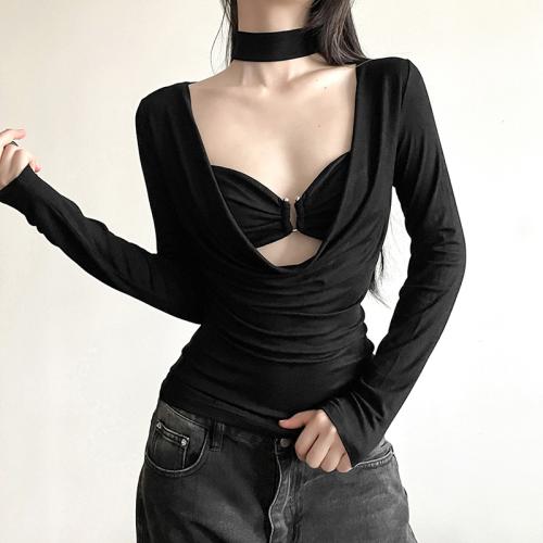 Polyester Slim Women Long Sleeve T-shirt Solid black PC