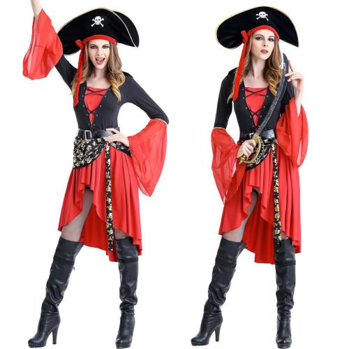 Polyester with hat Women Pirate Costume see through look Solid red Set