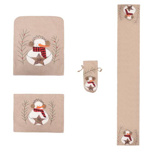 Linen Christmas Table Runner christmas design embroidered Snowman PC
