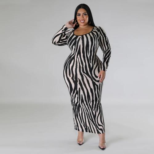 Polyester Plus Size One-piece Dress back split printed striped PC