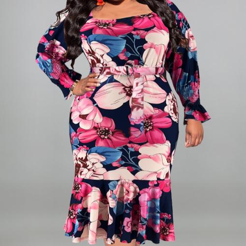 Polyester Slim & Plus Size One-piece Dress printed floral PC