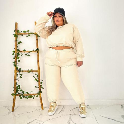 Polyester Crop Top & Plus Size Women Sportswear Set & two piece Long Trousers & top Solid Set