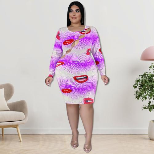 Polyester Slim & Plus Size Sexy Sheath Dress & hollow printed lip pattern PC
