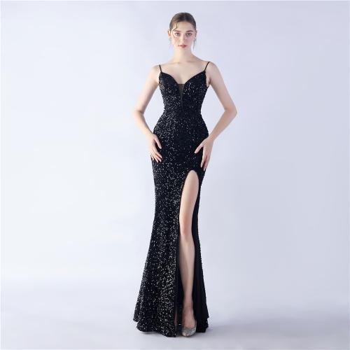 Sequin & Spandex & Polyester Slim Long Evening Dress side slit & backless patchwork Solid PC