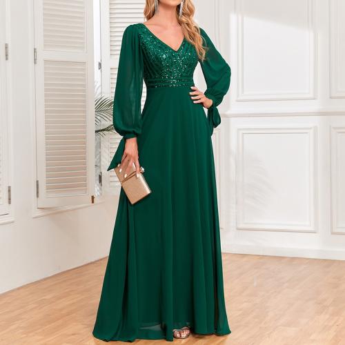Mousseline & Polyester Robe longue de soirée Paillettes Solide Vert pièce
