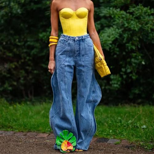 Cotton High Waist Women Jeans & loose patchwork Others blue PC