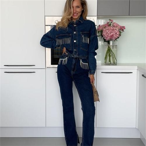 Algodón Conjunto casual de las mujeres, Pantalones & capa, labor de retazos, Otros, azul, Conjunto