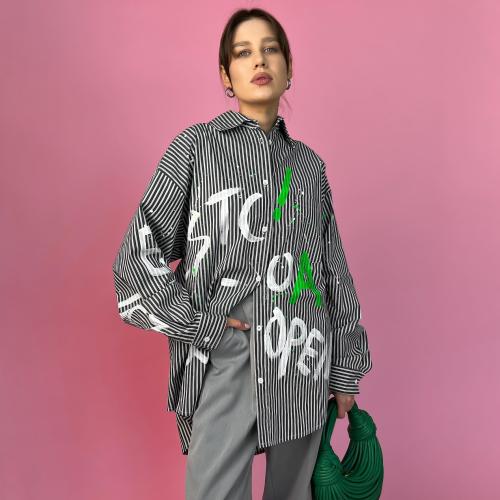 Cotton Women Long Sleeve Shirt & loose printed striped PC