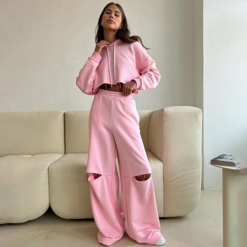 Algodón Conjunto casual de las mujeres, Pantalones & parte superior, labor de retazos, Sólido, rosado, Conjunto