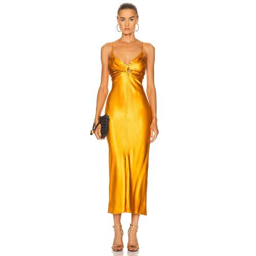 Polyester Slim Slip Dress backless gold PC