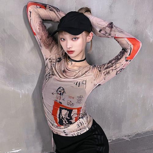 Milk Fiber Slim Women Long Sleeve Blouses printed Others Apricot PC