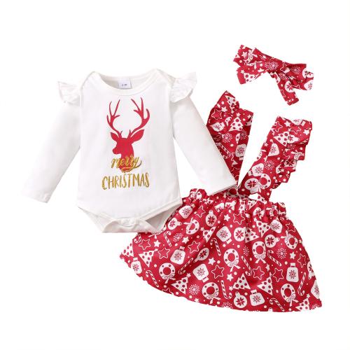Cotton Girl Clothes Set christmas design & two piece Crawling Baby Suit & Hair Band & skirt printed Deerlet red Set