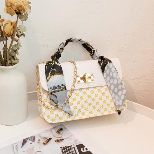 PU Leather with silk scarf & Printed & Box Bag Handbag with chain PC