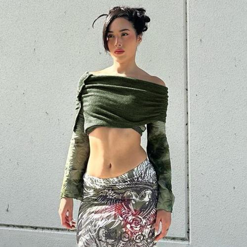 Milk Fiber Slim Boat Neck Top patchwork Others green PC