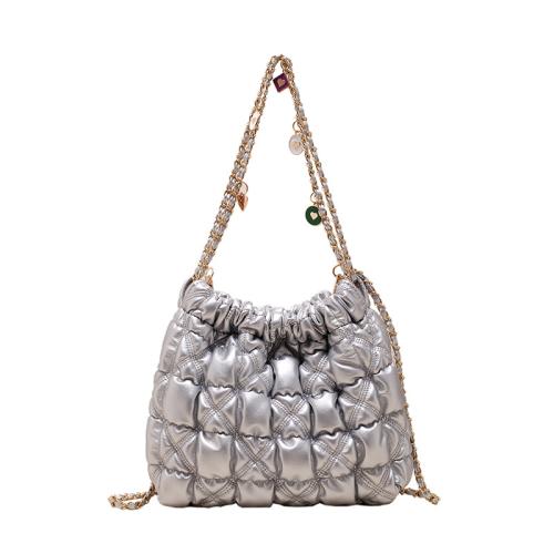 PU Leather Pleat & Bucket Bag Shoulder Bag with chain plaid PC