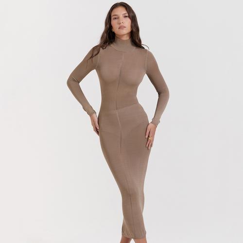 Gestrickte Sexy Paket Hip Kleider, Dehnbar, Solide, Khaki, Stück