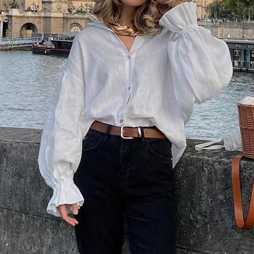 Polyester Slim Women Long Sleeve Shirt patchwork Solid white PC