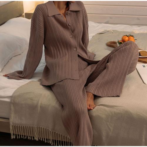 Poliéster Conjunto casual de las mujeres, Pantalones & capa, de punto, a rayas, marrón, Conjunto